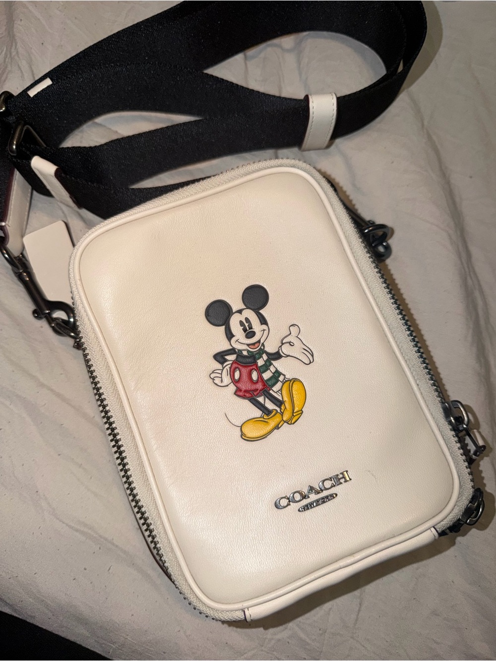 Coach White Leather Mickey Belt Bag with Black Strap